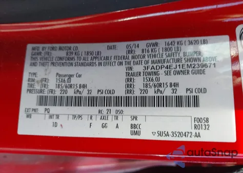 2014 Ford Fiesta Se z USA, uszkodzony, nr VIN 3FADP4EJ1EM239671